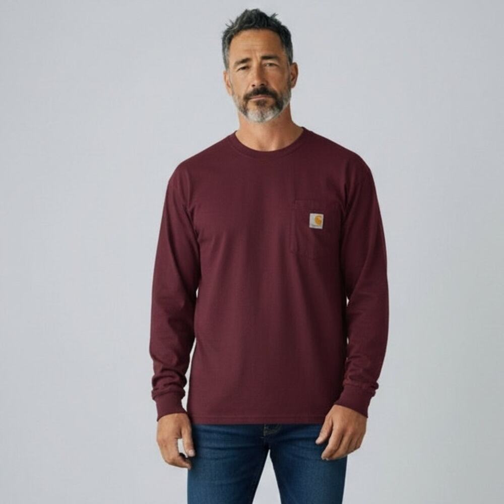 Carhartt Loose Fit T-Shirt Men's Sz 2XL Burgundy Long Sleeves Cotton Crew Neck